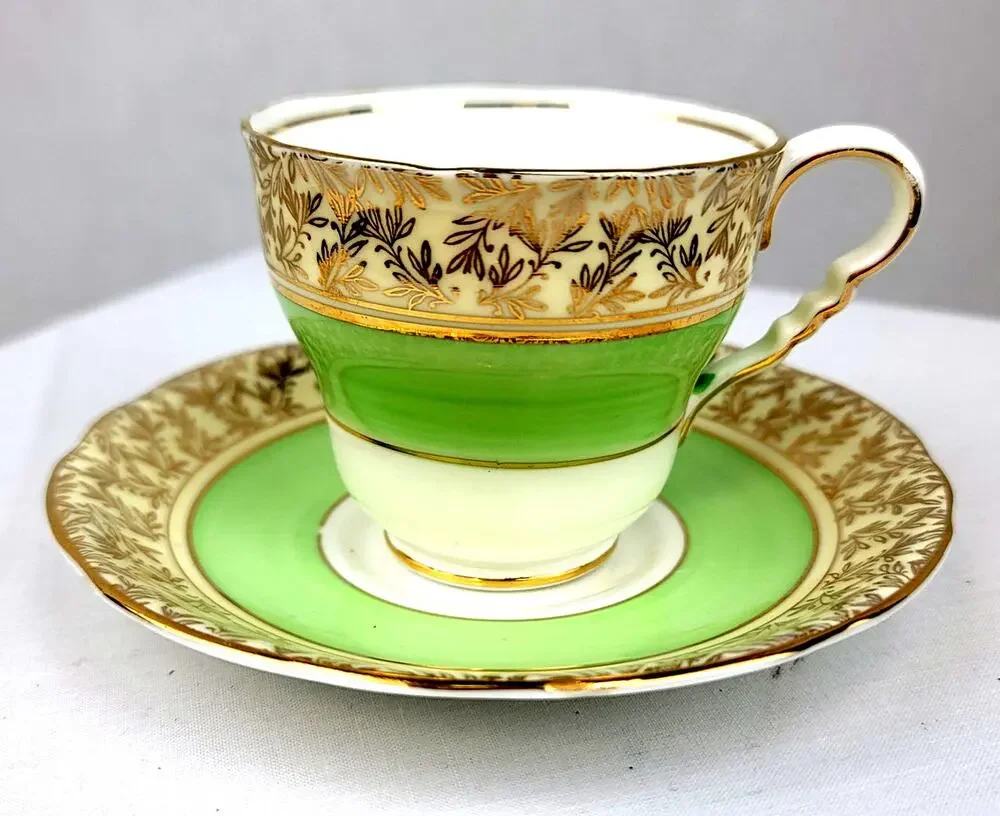 Vintage Royal Stafford Bone China England Tea Cup Saucer Mint Green & Gold Leaf
